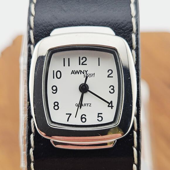 Awny Sport Silver Tone Cuff Style Watch Black Faux Leather Wide Band Model 8660 - Picture 2 of 6